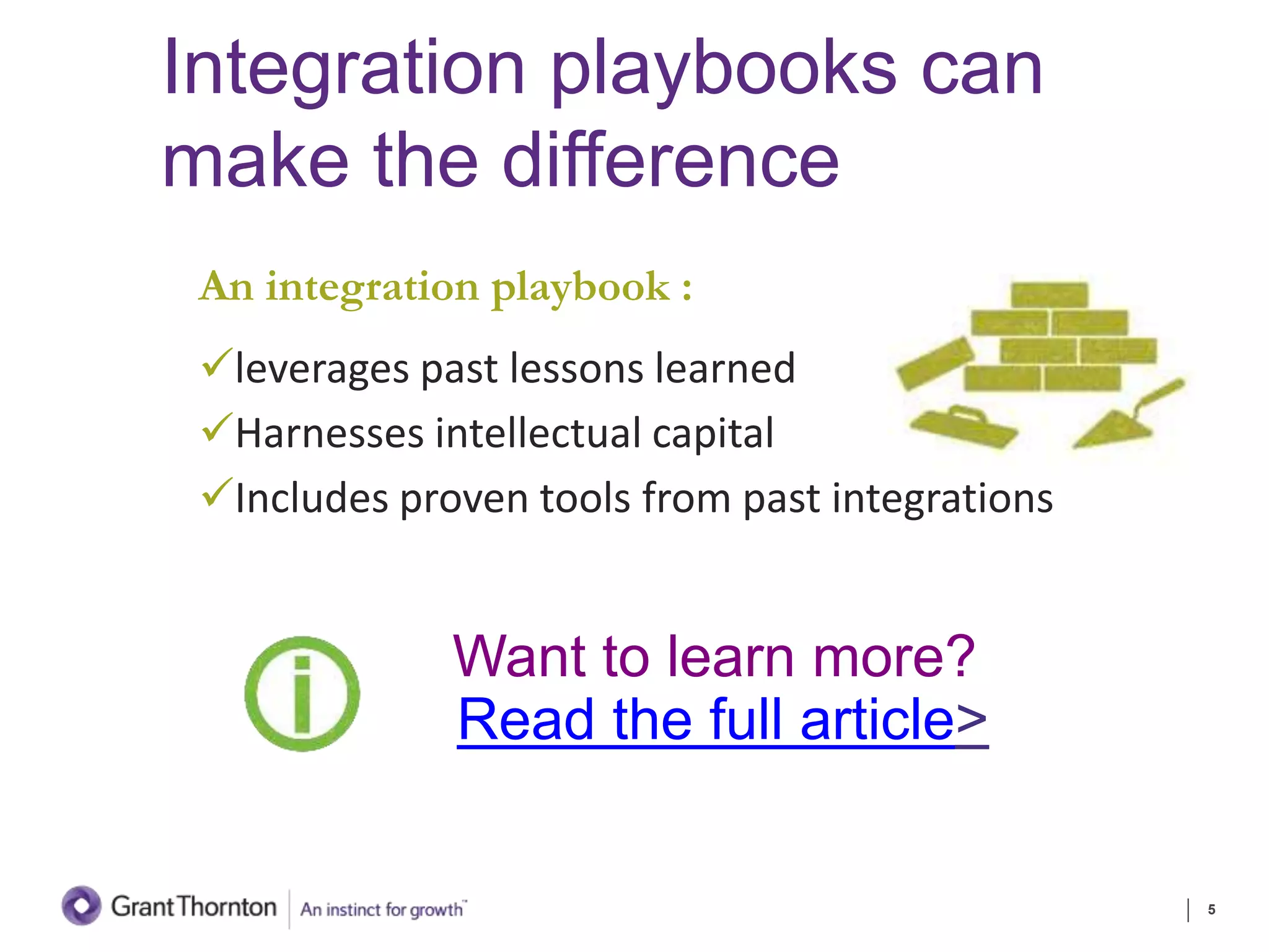 Integration playbooks can
make the difference
An integration playbook :
leverages past lessons learned
Harnesses intellectual capital
Includes proven tools from past integrations
5
Want to learn more?
Read the full article>
 