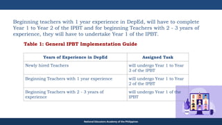 TEACHER EDUCATION COUNCIL
Beginning teachers with 1 year experience in DepEd, will have to complete
Year 1 to Year 2 of the IPBT and for beginning Teachers with 2 - 3 years of
experience, they will have to undertake Year 1 of the IPBT.
Years of Experience in DepEd Assigned Task
Newly hired Teachers will undergo Year 1 to Year
3 of the IPBT
Beginning Teachers with 1 year experience will undergo Year 1 to Year
2 of the IPBT
Beginning Teachers with 2 - 3 years of
experience
will undergo Year 1 of the
IPBT
Table 1: General IPBT Implementation Guide
National Educators Academy of the Philippines
 