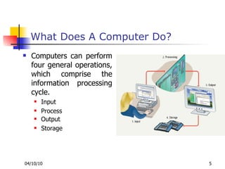 What Does A Computer Do? Computers can perform four general operations, which comprise the information processing cycle. Input Process Output . Storage 
