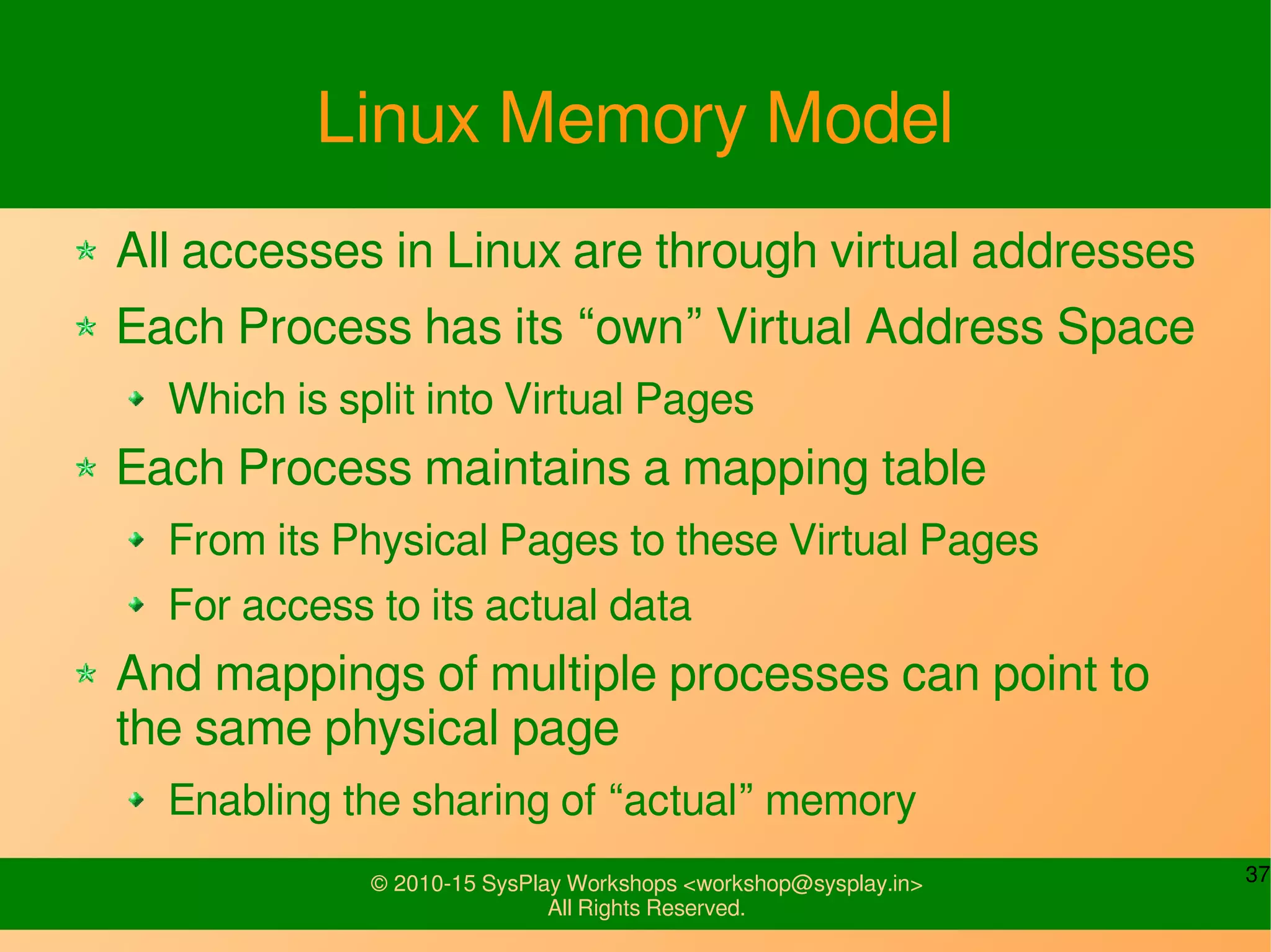 37© 2010-15 SysPlay Workshops <workshop@sysplay.in>
All Rights Reserved.
Linux Memory Model
All accesses in Linux are through virtual addresses
Each Process has its “own” Virtual Address Space
Which is split into Virtual Pages
Each Process maintains a mapping table
From its Physical Pages to these Virtual Pages
For access to its actual data
And mappings of multiple processes can point to
the same physical page
Enabling the sharing of “actual” memory
 