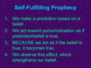 Self-Fulfilling Prophecy
1. We make a prediction based on a
   belief.
2. We act toward person/situation as if
   prediction/belief is true.
3. BECAUSE we act as if the belief is
   true, it becomes true.
4. We observe this effect, which
   strengthens our belief.
 