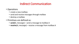Indirect Communication
• Operations
• create a new mailbox
• send and receive messages through mailbox
• destroy a mailbox
• Primitives are defined as:
• send(A, message) – send a message to mailbox A
• receive(A, message) – receive a message from mailbox A
 