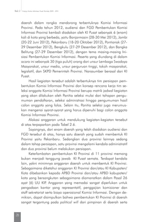 Kinerja Komisi Informasi Pusat Periode 2009 - 2013Bab 2
28
daerah dalam rangka mendorong terbentuknya Komisi Informasi
Provinsi. Pada tahun 2012, audiensi dan FGD Pembentukan Komisi
Informasi Provinsi kembali diadakan oleh KI Pusat sebanyak 6 (enam)
kali di kota yang berbeda, yaitu Banjarmasin (28-30 Mei 2012), Jambi
(20-22 Juni 2012), Pekanbaru (18-20 Oktober 2012), Pontianak (27-
29 Desember 2012), Bengkulu (27-29 Desember 2012), dan Bangka
Belitung (27-29 Desember 2012), dengan tema masing-masing Ini-
siasi Pembentukan Komisi Informasi. Peserta yang diundang di dalam
acara ini sebanyak 30 (tiga puluh) orang dari unsur Lembaga Swadaya
Masyarakat, unsur media, unsur perguruan tinggi, tokoh masyarakat,
legislatif, dan SKPD Pemerintah Provinsi. Narasumber berasal dari KI
Pusat.
Hasil kegiatan tersebut adalah terbentuknya tim persiapan pem-
bentukan Komisi Informasi Provinsi dan konsep rencana kerja tim se-
leksi anggota Komisi Informasi Provinsi berupa matrik jadwal kegiatan
yang akan dilakukan oleh Panitia seleksi mulai dari tahapan pengu-
muman pendaftaran, seleksi administrasi hingga pengumuman hasil
calon anggota yang lolos. Selain itu, Panitia seleksi juga merumus-
kan mengenai syarat-syarat yang harus dipenuhi bagi calon anggota
Komisi Informasi Provinsi.
Alokasi anggaran untuk mendukung kegiatan-kegiatan tersebut
di atas terpaparkan pada Tabel 2.6.
Sayangnya, dari enam daerah yang telah diadakan audiensi dan
FGD tersebut di atas, hanya satu daerah yang sudah membentuk KI
Provinsi yaitu Pekanbaru. Sedangkan dua provinsi lainnya sedang
dalam tahap persiapan, satu provinsi mengalami kendala administratif
dan dua provinsi belum melakukan persiapan.
Keterlambatan pembentukan KI Provinsi di 11 provinsi memang
bukan menjadi tanggung jawab KI Pusat semata. Terdapat kendala
lain, yakni minimnya anggaran daerah untuk membentuk KI Provinsi.
Sebagaimana diketahui anggaran KI Provinsi dan/atau KI Kabupaten/
Kota dibebankan kepada APBD Provinsi dan/atau APBD kabupaten/
kota yang bersangkutan sebagaimana diamanatkan dalam Pasal 26
ayat (6) UU KIP. Anggaran yang memadai sangat diperlukan untuk
pengadaan kantor yang representatif, penggajian komisioner dan
staff sekretariat serta biaya operasional Komisi Informasi. Dengan de-
mikian, dapat disimpulkan bahwa pembentukan KI Provinsi di daerah
sangat tergantung pada political will dari pimpinan di daerah serta
 