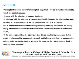Chanderprabhu Jain College of Higher Studies & School of Law
Plot No. OCF, Sector A-8, Narela, New Delhi – 110040
(Affiliated to Guru Gobind Singh Indraprastha University and Approved by Govt of NCT of Delhi & Bar Council of India)
muRdeR
Except in the cases hereinafter excepted, culpable homicide is murder, if the act by
which the death is caused
•is done with the intention of causing death, or-
•If it is done with the intention of causing such bodily injury as the offender knows to
be likely to cause the death of the person to whom the harm is caused.
•f it is done with the intention of causing bodily injury to any person and the bodily
injury intended to be inflicted is sufficient in the ordinary course of nature to cause
death,
•If the person committing the act knows that it is so imminently dangerous that it
must, in all probability, cause death, or such bodily injury as is likely to cause death,
and commits such act without any excuse for incurring the risk of causing death or
such injury as aforesaid.
 