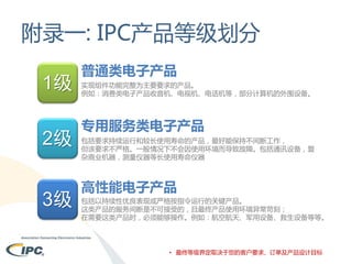 附录一: IPC产品等级划分
1级
2级
3级

普通类电子产品
实现组件功能完整为主要要求的产品。
例如：消费类电子产品收音机、电视机、电话机等，部分计算机的外围设备。

专用服务类电子产品
包括要求持续运行和较长使用寿命的产品，最好能保持不间断工作，
但该要求不严格。一般情况下不会因使用环境而导致故障。包括通讯设备，复
杂商业机器，测量仪器等长使用寿命仪器

高性能电子产品
包括以持续性优良表现或严格按指令运行的关键产品。
这类产品的服务间断是不可接受的，且最终产品使用环境异常苛刻；
在需要这类产品时，必须能够操作。例如：航空航天、军用设备、救生设备等等。

• 最终等级界定取决于您的客户要求、订单及产品设计目标

 