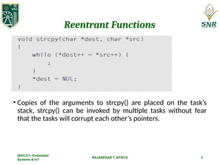 RAJASEKAR T, AP/ECE
Reentrant Functions
• Copies of the arguments to strcpy() are placed on the task’s
stack, strcpy() can be invoked by multiple tasks without fear
that the tasks will corrupt each other’s pointers.
20EC211- Embedded
Systems & IoT
3
 