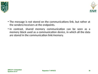 Rajasekar T AP/ECE 38
• The message is not stored on the communications link, but rather at
the senders/receivers at the endpoints.
• In contrast, shared memory communication can be seen as a
memory block used as a communication device, in which all the data
are stored in the communication link/memory.
20EC211- Embedded
Systems & IoT
 