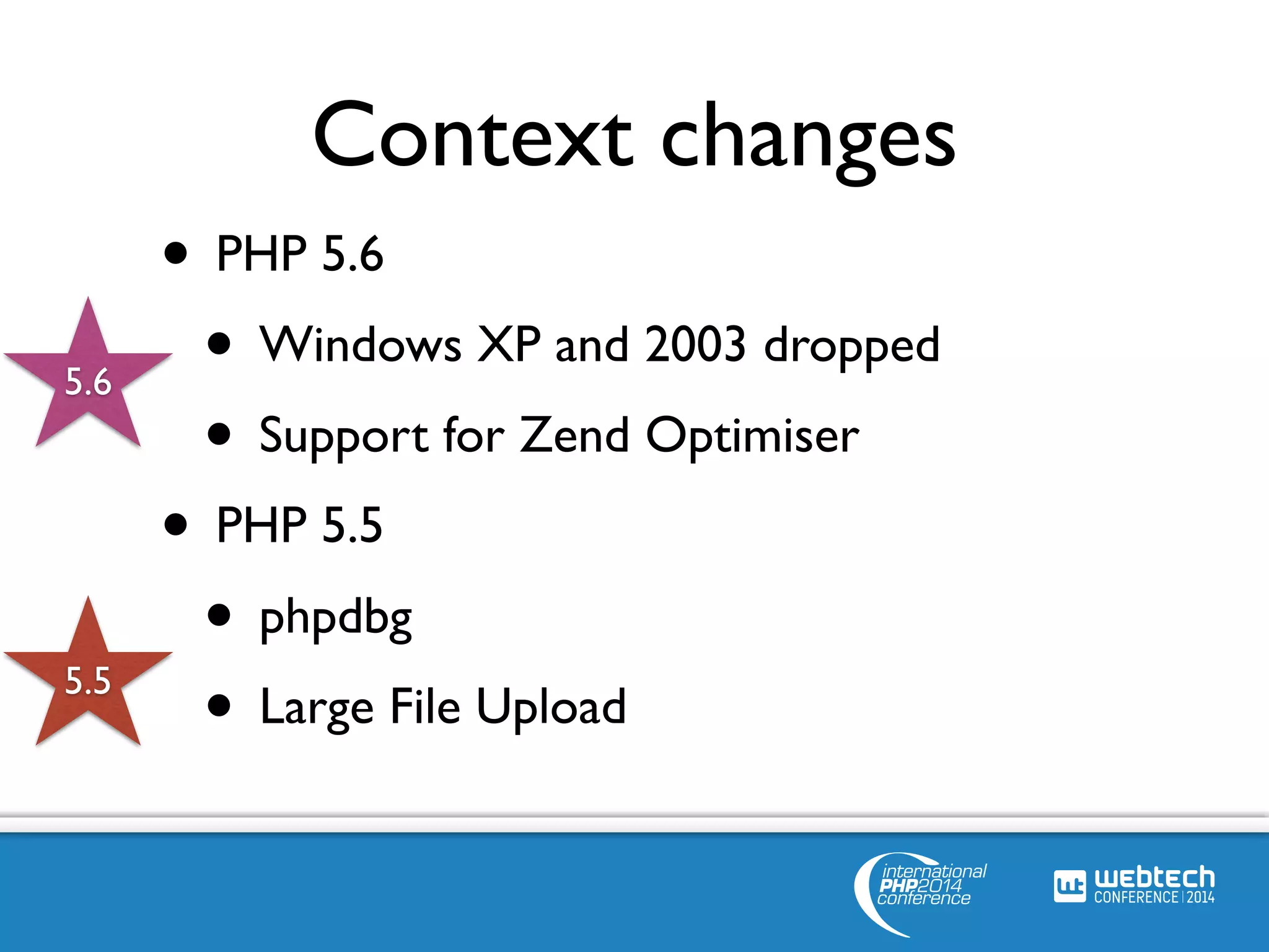Context changes 
• PHP 5.6 
• Windows XP and 2003 dropped 
• Support for Zend Optimiser 
• PHP 5.5 
• phpdbg 
• Large File Upload 5.5 
5.6 
 