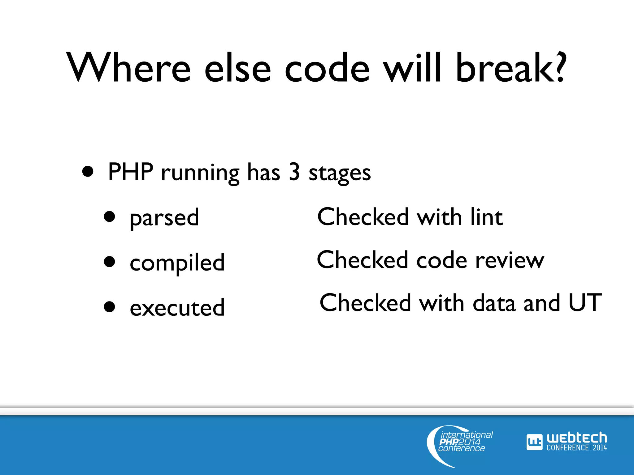 Where else code will break? 
• PHP running has 3 stages 
• parsed 
• compiled 
• executed 
Checked with lint 
Checked code review 
Checked with data and UT 
 