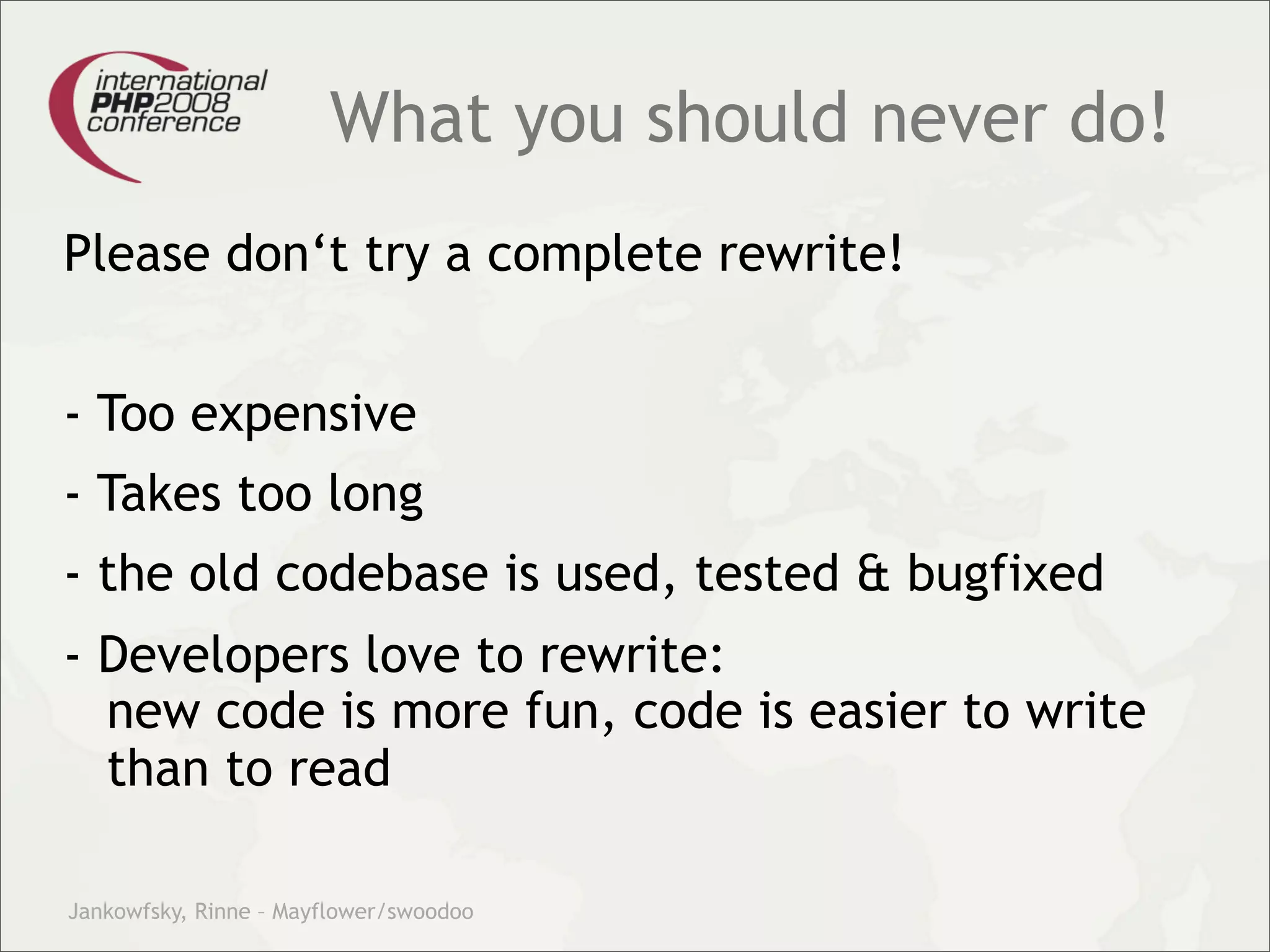Theory and practice – migrating your legacy code into our modern test driven development world.