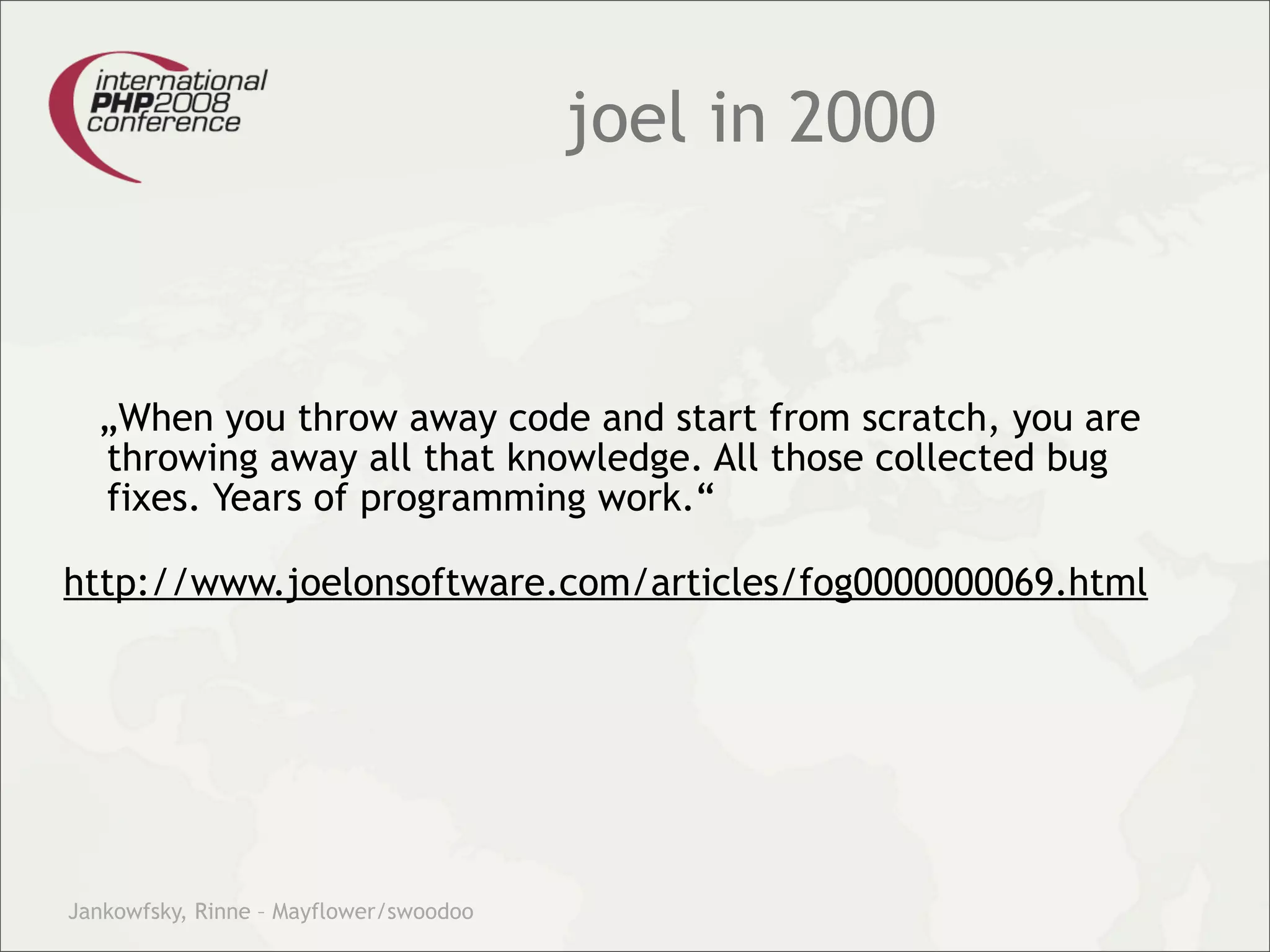 Theory and practice – migrating your legacy code into our modern test driven development world.