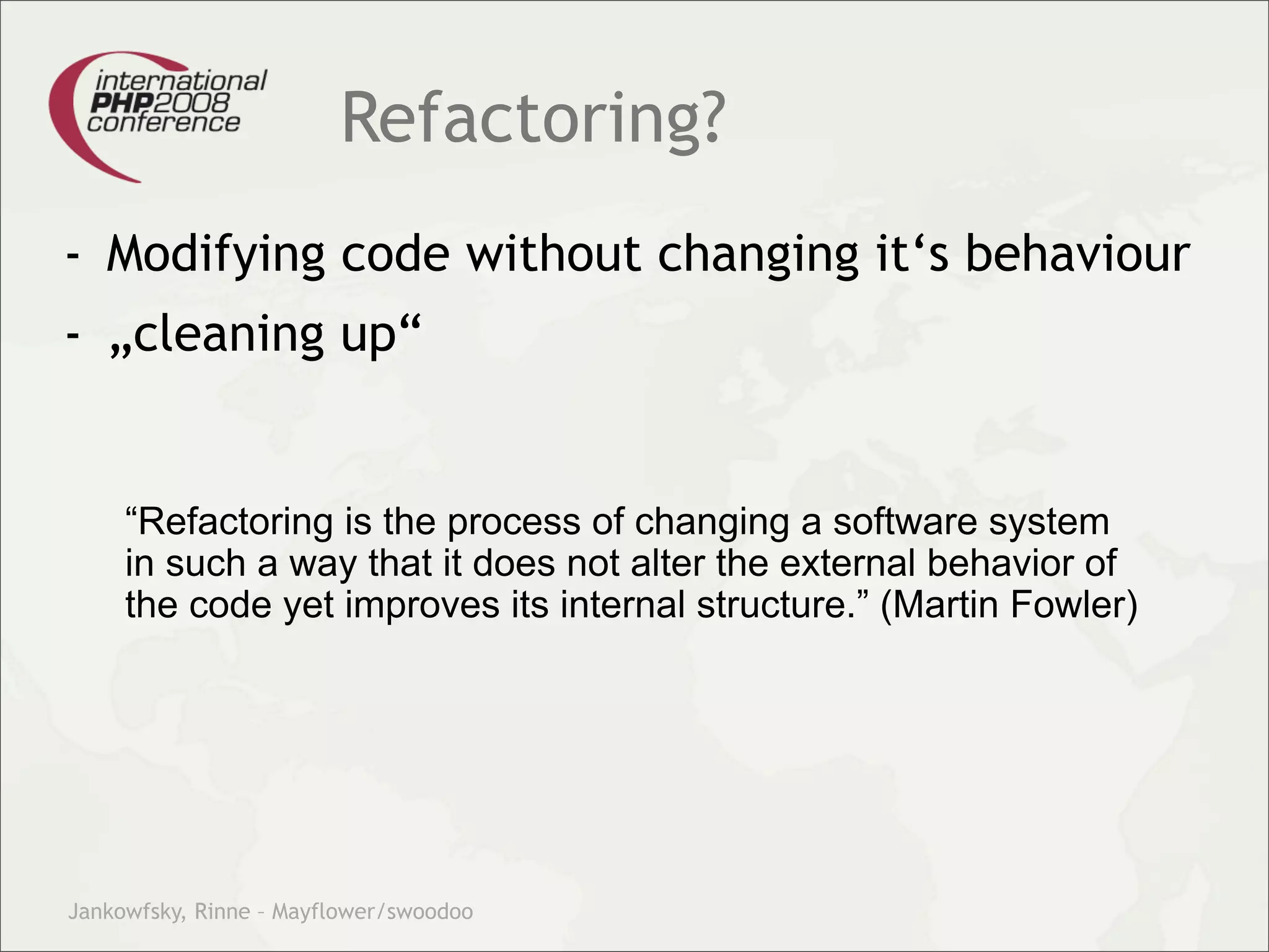 Theory and practice – migrating your legacy code into our modern test driven development world.