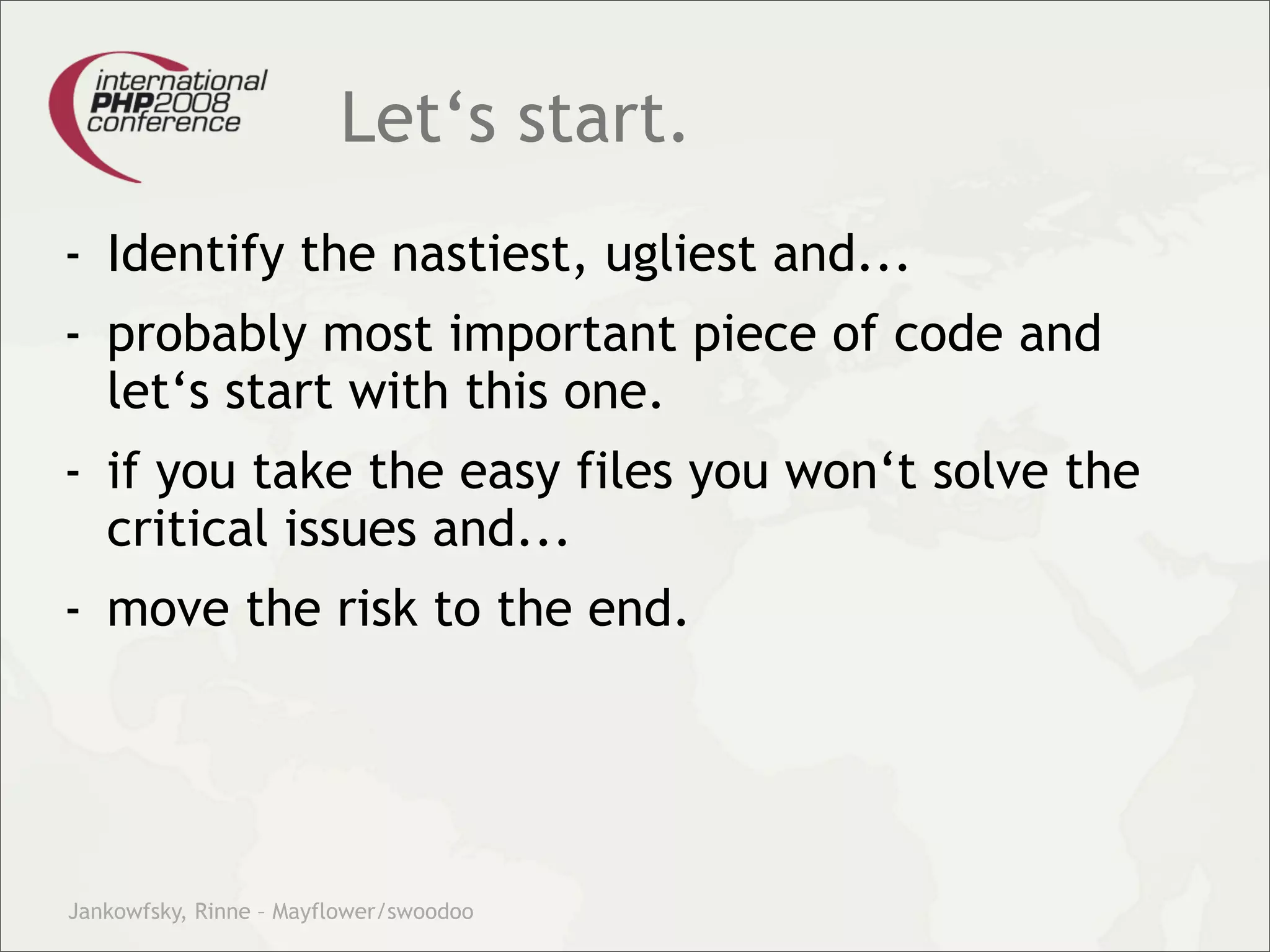 Theory and practice – migrating your legacy code into our modern test driven development world.