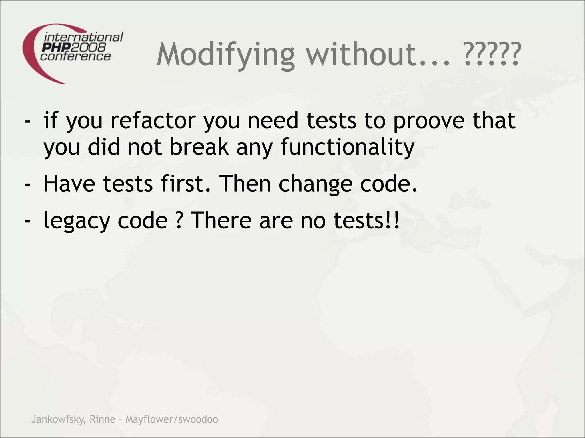 Theory and practice – migrating your legacy code into our modern test driven development world.