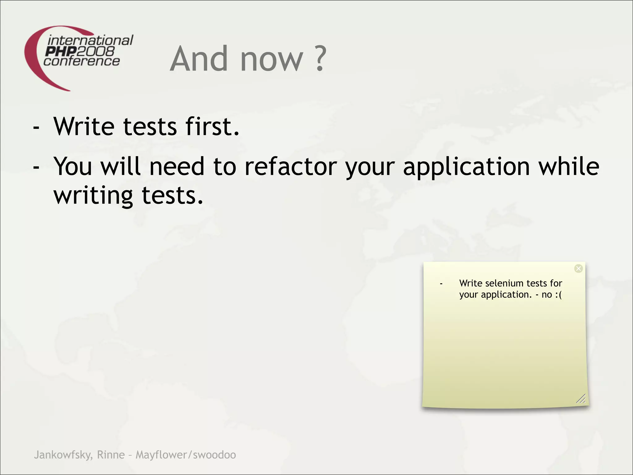 Theory and practice – migrating your legacy code into our modern test driven development world.