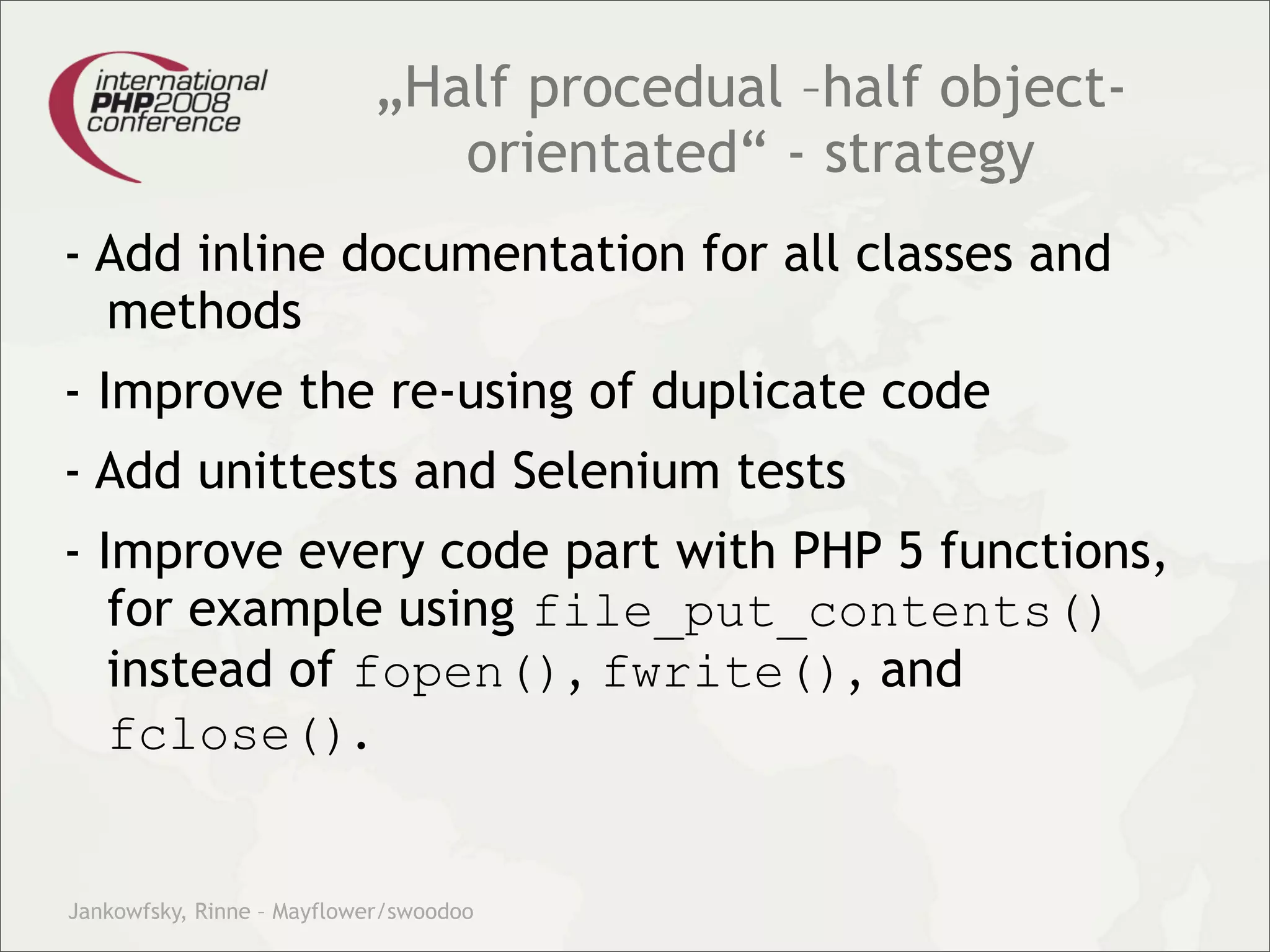 Theory and practice – migrating your legacy code into our modern test driven development world.