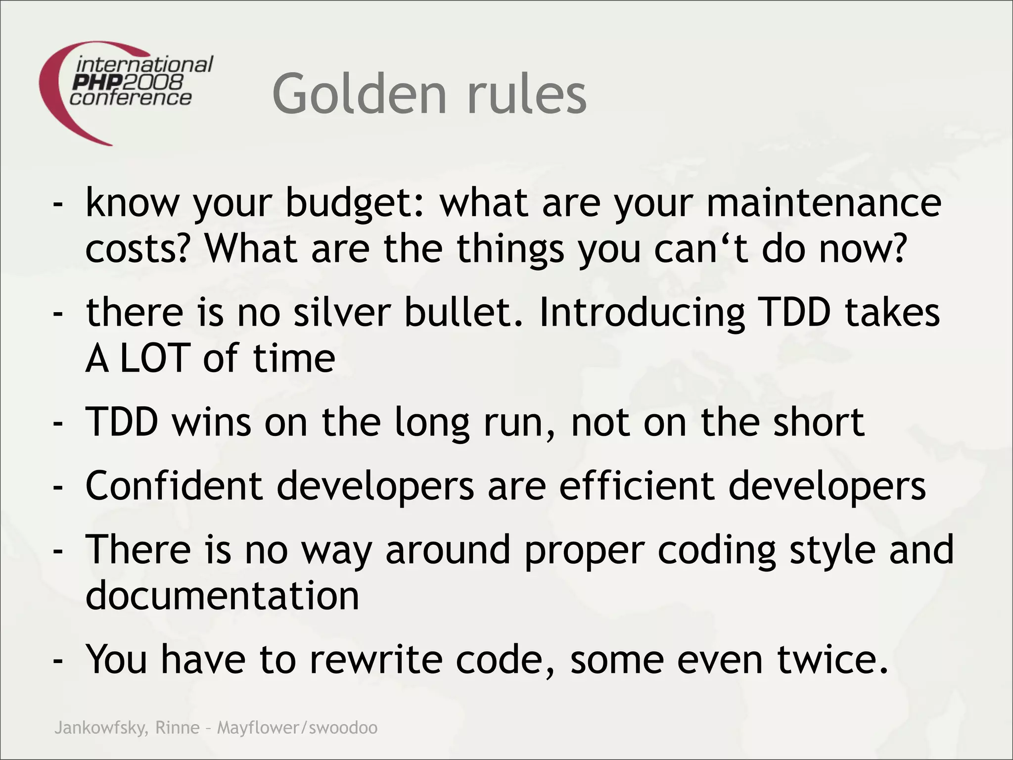 Theory and practice – migrating your legacy code into our modern test driven development world.