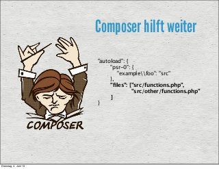 Composer hilft weiter
"autoload": {
"psr-0": {
"examplefoo": "src"
},
"ﬁles": ["src/functions.php",
"src/other/functions.p...