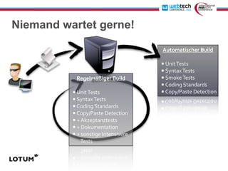 Niemand wartet gerne!

                                              Automatischer	
  Build

                                              •	
  Unit	
  Tests
                                              •	
  Syntax	
  Tests
                Regelmäßiger	
  Build         •	
  Smoke	
  Tests
                                              •	
  Coding	
  Standards
          •	
  Unit	
  Tests                  •	
  Copy/Paste	
  Detection
          •	
  Syntax	
  Tests
          •	
  Coding	
  Standards
          •	
  Copy/Paste	
  Detection
          •	
  +	
  Akzeptanztests
          •	
  +	
  Dokumentation
          •	
  +	
  sonstige	
  Intensivere
          	
  	
  	
  	
  	
  	
  	
  Tests
 