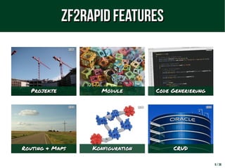ProjekteProjekte ModuleModule Code GenerierungCode Generierung
Routing & MapsRouting & Maps KonfigurationKonfiguration CRUDCRUD
6 / 38
[B05][B05][B04][B04][B03][B03]
[B08][B08][B07][B07][B06][B06]
ZF2rapid FeaturesZF2rapid Features
 