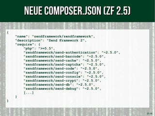 27 / 61
{
"name": "zendframework/zendframework",
"description": "Zend Framework 2",
"require": {
"php": ">=5.5",
"zendframework/zend-authentication": "~2.5.0",
"zendframework/zend-barcode": "~2.5.0",
"zendframework/zend-cache": "~2.5.0",
"zendframework/zend-captcha": "~2.5.0",
"zendframework/zend-code": "~2.5.0",
"zendframework/zend-config": "~2.5.0",
"zendframework/zend-console": "~2.5.0",
"zendframework/zend-crypt": "~2.5.0",
"zendframework/zend-db": "~2.5.0",
"zendframework/zend-debug": "~2.5.0",
[...]
}
}
Neue Composer.json (ZF 2.5)Neue Composer.json (ZF 2.5)
 
