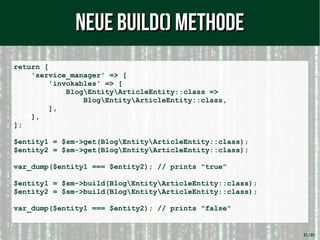 31 / 61
return [
'service_manager' => [
'invokables' => [
BlogEntityArticleEntity::class =>
BlogEntityArticleEntity::class,
],
],
];
$entity1 = $sm->get(BlogEntityArticleEntity::class);
$entity2 = $sm->get(BlogEntityArticleEntity::class);
var_dump($entity1 === $entity2); // prints "true"
$entity1 = $sm->build(BlogEntityArticleEntity::class);
$entity2 = $sm->build(BlogEntityArticleEntity::class);
var_dump($entity1 === $entity2); // prints "false"
Neue Build() MethodeNeue Build() Methode
 
