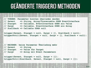 33 / 61
// VORHER: Parameter konnten überladen werden
// $event => String, Array/Traversable ODER EventInterface
// $target => Callable, EventInterface ODER ein Value
// $argv => Callable, EventInterface ODER ein Array
// $callback => Callable ODER null
trigger($event, $target = null, $argv = [], $callback = null);
triggerUntil($event, $target = null, $argv = [], $callback = null);
// NACHHER: keine Parameter Überladung mehr
// $event => String
// $target => Value für Target
// $argv => Array mit Event Parametern
trigger($event, $target = null, $argv = []);
triggerUntil($callback, $event, $target = null, $argv = []);
Geänderte Trigger() MethodenGeänderte Trigger() Methoden
 