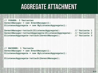 34 / 61
// VORHER: 3 Varianten
$eventManager = new EventManager();
$listenerAggregate = new MyListenerAggregate();
$eventManager->attach($listenerAggregate); // Variante 1
$eventManager->attachAggregate($listenerAggregate); // Variante 2
$listenerAggregate->attach($eventManager); // Variante 3
// NACHHER: 1 Variante
$eventManager = new EventManager();
$listenerAggregate = new MyListenerAggregate();
$listenerAggregate->attach($eventManager);
Aggregate AttachmentAggregate Attachment
 