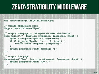 40 / 61
use ZendStratigilityMiddlewarePipe;
// Create middleware pipe
$app = new MiddlewarePipe();
// Output homepage or delegate to next middleware
$app->pipe('/', function ($request, $response, $next) {
$path = $request->getUri()->getPath();
if (! in_array($path, ['/', ''], true)) {
return $next($request, $response);
}
return $response->end('Homepage!');
});
// Output foo page
$app->pipe('/foo', function ($request, $response, $next) {
return $response->end('FOO!');
});
ZendStratigility MiddlewareZendStratigility Middleware
 