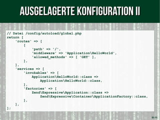 50 / 61
// Datei /config/autoload/global.php
return [
'routes' => [
[
'path' => '/',
'middleware' => 'ApplicationHelloWorld',
'allowed_methods' => [ 'GET' ],
],
],
'services => [
'invokables' => [
ApplicationHelloWorld::class =>
ApplicationHelloWorld::class,
],
'factories' => [
ZendExpressiveApplication::class =>
ZendExpressiveContainerApplicationFactory::class,
],
],
];
Ausgelagerte Konfiguration IIAusgelagerte Konfiguration II
 