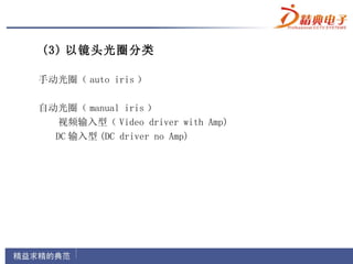 (3) 以镜头光圈分类

手动光圈（ auto iris ）

自动光圈（ manual iris ）
  视频输入型（ Video driver with Amp)
  DC 输入型 (DC driver no Amp)
 