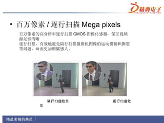 • 百万像素 / 逐行扫描 Mega pixels
  百万像素的高分辨率逐行扫描 CMOS 图像传感器，保证视频
  源足够清晰
  逐行扫描，有效地避免隔行扫描摄像机图像的运动模糊和撕裂
  等问题，画面更加细腻感人。
 