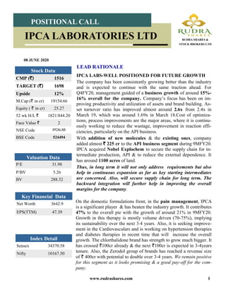 www.rudrashares.com 1
IPCA LABS-WELL POSITIONED FOR FUTURE GROWTH
The company has been consistently growing better than the industry
and is expected to continue with the same traction ahead. For
Q4FY20, management guided of a business growth of around 15%-
16% overall for the company. Company’s focus has been on im-
proving productivity and utilization of assets and brand building. As-
set turnover ratio has improved almost around 2.6x from 2.4x in
March 19, which was around 1.69x in March 18.Cost of optimiza-
tions, process improvements are the major areas, where it is continu-
ously working to reduce the wastage, improvement in reaction effi-
ciencies, particularly on the API business.
With addition of new molecules & the existing ones, company
added almost ` 225 cr to the API business segment during 9MFY20.
IPCA acquired Nobel Explochem to secure the supply chain for in-
termediate production, API & to reduce the external dependence. It
has around 1100 acres of land.
Thus, in long term it will not only address requirements but also
help in continuous expansion as far as key starting intermediates
are concerned. Also, will secure supply chain for long term. The
backward integration will further help in improving the overall
margins for the company.
LEAD RATIONALE
08 JUNE 2020
Index Detail
Sensex 34370.58
Nifty 10167.50
CMP (`) 1516
TARGET (`) 1698
Upside 12%
M.Cap (` in cr) 19154.66
Equity ( ` in cr) 25.27
52 wk H/L ` 1821/844.20
Face Value ` 2
NSE Code IPCALAB
BSE Code 524494
Stock Data
POSITIONAL CALL
IPCA LABORATORIES LTD RUDRA SHARES &
STOCK BROKERS LTD
P/E 31.98
P/BV 5.26
BV 288.32
Valuation Data
Net Worth 3642.9
EPS(TTM) 47.39
Key Financial Data
On the domestic formulations front, in the pain management, IPCA
is a significant player & has beaten the industry growth. It contributes
47% to the overall pie with the growth of around 21% in 9MFY20.
Growth in this therapy is mostly volume driven (70-75%), implying
its sustainability over the next 3-4 years. Also, it is seeking improve-
ment in the Cardiovasculars and is working on hypertension therapies
and diabetes therapies in recent time that will increase the overall
growth. The chlorthalidone brand has strength to grow much bigger. It
has crossed `100cr already & the next `100cr is expected in 3-4years
tenure. Also, the Zerodol group of brands has reached a revenue size
of ` 400cr with potential to double over 3-4 years. We remain positive
for this segment as it looks promising & a good pay-off for the com-
pany.
 