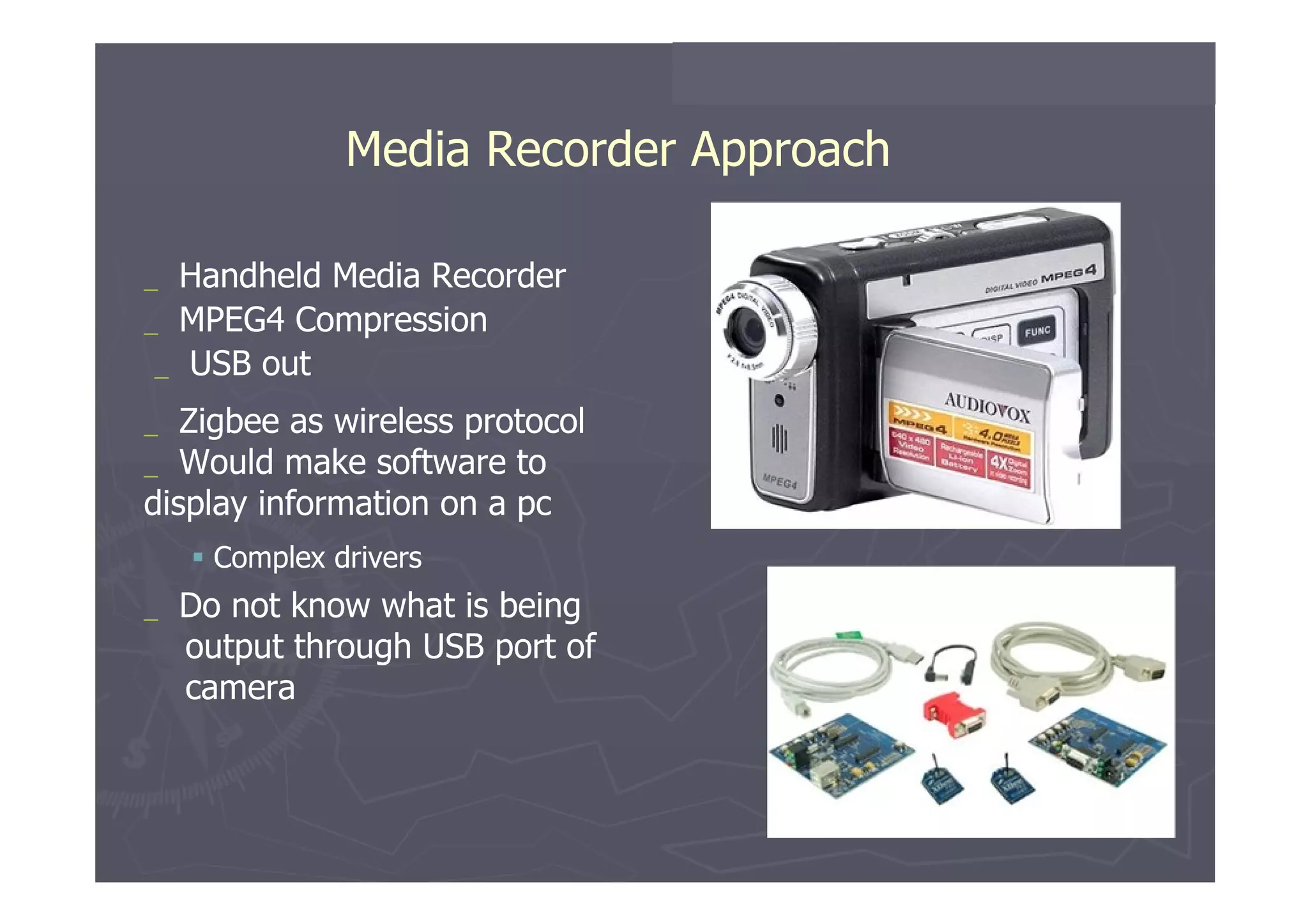 Media Recorder Approach  _   Handheld   Media   Recorder  _   MPEG4   Compression _   USB   out  _   Zigbee as   wireless   protocol  _   Would   make   software   to display information on a pc     Complex   drivers  _   Do   not   know   what   is   being output through USB port of camera  
