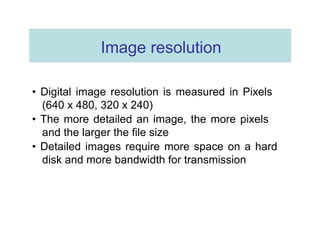 Image resolution  •  Digital image resolution is measured in Pixels (640 x 480, 320 x 240)  •  The more detailed an image, the more pixels and the larger the file size  •  Detailed images require more space on a hard disk and more bandwidth for transmission  