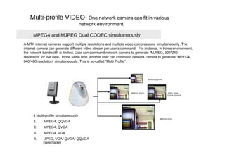Multi-profile VIDEO-  One network camera can fit in various  network environment.  MPEG4 and MJPEG Dual CODEC simultaneously  A-MTK internet cameras support multiple resolutions and multiple video compressions simultaneously. The internet camera can generate different video stream per user’s command.  For instance, in home environment, the network bandwidth is limited. User can command network camera to generate “MJPEG, 320*240 resolution” for live view.  In the same time, another user can command network camera to generate “MPEG4, 640*480 resolution” simultaneously. This is so-called “Multi Profile”.  MPEG4, QQVGA  MPEG4, QVGA  JPEG, VGA/  QVGA/ QQVGA  4 Multi-profile simultaneously  MPEG4, VGA  1.  MPEG4, QQVGA  2.  MPEG4, QVGA  3.  MPEG4, VGA  4.  JPEG, VGA/ QVGA/ QQVGA  (selectable)  