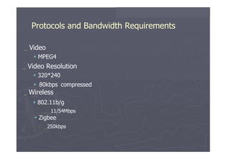 Protocols and Bandwidth Requirements  _   Video     MPEG4  _   Video   Resolution     320*240     80kbps   compressed  _   Wireless     802.11b/g  _   11/54Mbps     Zigbee  _   250kbps  