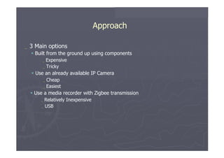 Approach  _  3 Main options     Built   from   the   ground   up   using   components  _   Expensive  _   Tricky     Use   an   already   available   IP   Camera  _   Cheap  _   Easiest     Use   a   media   recorder   with Zigbee transmission  _   Relatively   Inexpensive  _   USB  