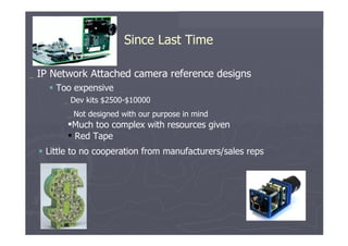 Since Last Time  _   IP   Network   Attached   camera   reference   designs     Too   expensive  _   Dev   kits   $2500-$10000  _   Not   designed   with   our   purpose   in   mind Much   too   complex   with   resources   given Red   Tape     Little   to   no   cooperation   from   manufacturers/sales   reps  