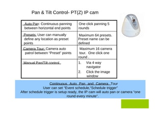 Pan & Tilt Control- PT(Z) IP cam  Auto Pan: Continuous panning  One click panning 5  between horizontal end points  rounds...