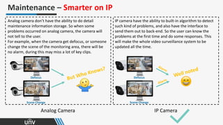 Analog Camera IP Camera
Maintenance – Smarter on IP
Analog camera don’t have the ability to do detail
maintenance information storage. So when some
problems occurred on analog camera, the camera will
not tell to the user.
For example, when the camera get defocus, or someone
change the scene of the monitoring area, there will be
no alarm, during this may miss a lot of key clips.
Defocus
Scene Change
IP camera have the ability to built-in algorithm to detect
such kind of problems, and also have the interface to
send them out to back-end. So the user can know the
problems at the first time and do some responses. This
will make the whole video surveillance system to be
updated all the time.
Defocus
Scene Change
 