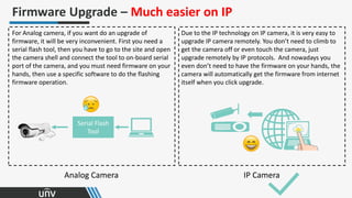 Analog Camera IP Camera
Firmware Upgrade – Much easier on IP
For Analog camera, if you want do an upgrade of
firmware, it will be very inconvenient. First you need a
serial flash tool, then you have to go to the site and open
the camera shell and connect the tool to on-board serial
port of the camera, and you must need firmware on your
hands, then use a specific software to do the flashing
firmware operation.
Due to the IP technology on IP camera, it is very easy to
upgrade IP camera remotely. You don’t need to climb to
get the camera off or even touch the camera, just
upgrade remotely by IP protocols. And nowadays you
even don’t need to have the firmware on your hands, the
camera will automatically get the firmware from internet
itself when you click upgrade.
Serial Flash
Tool
 