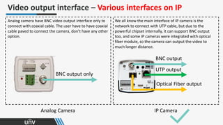 Analog Camera IP Camera
Video output interface – Various interfaces on IP
Analog camera have BNC video output interface only to
connect with coaxial cable. The user have to have coaxial
cable paved to connect the camera, don’t have any other
option.
We all know the main interface of IP camera is the
network to connect with UTP cable, but due to the
powerful chipset internally, it can support BNC output
too, and some IP cameras were integrated with optical
fiber module, so the camera can output the video to
much longer distance.
BNC output only
BNC output
UTP output
Optical Fiber output
 