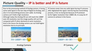 Due to the processing method of Analog camera, it losing
some valid signal in the last step of Digital to Analog, and
also in its transmitting process over cable. So Analog
camera can’t hold a high resolution.
Although today the Analog HD can still reach the 1080P
even 4K resolution, but the image quality still can’t be
compared with IP when declared at same resolution.
And in the future the Analog camera can not hold higher
resolution due to its principle.
Picture Quality – IP is better and IP is future
Analog Camera IP Camera
IP Camera never lose any valid signal during it’s process
after digitalized the signal. And during the transmitting
process, it has no losing too because of IP protocol.
So for higher resolution than 1080P, 4K, it is easy for IP
camera to achieve in the future.
1080P 4K 8K ……
1080P 4K
D1
 