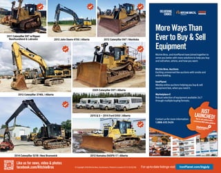 RitchieBros.Auctions
Excitingunreservedliveauctionswithonsiteand
onlinebidding.
IronPlanet
Weeklyonlineauctionshelpingyoubuy&sell
equipmentfast,whenyouneedit.
Marketplace-E
Robustselectionofequipmentavailable24/7
throughmultiplebuyingformats.
MoreWaysThan
EvertoBuy&Sell
Equipment
RitchieBros.andIronPlanethavejoinedtogetherto
serveyoubetterwithmoresolutionstohelpyoubuy
andsellwhen,where,andhowyouwant:
Contactusformoreinformation:
1.888.433.5426
JUST
LAUNCHED!BuyorsellanytimewithaconvenientNEWonlineplatform
For up-to-date listings visit IronPlanet.com/bigjuly
Like us for news, video & photos
facebook.com/RitchieBros
2012 John Deere 470G | Alberta
2011 Caterpillar D8T w/Ripper
Newfoundland & Labrador
2014 Caterpillar 521B | New Brunswick
2015 & 3 – 2014 Ford E450 | Alberta
2012 Caterpillar D6T | Manitoba
2012 Komatsu D65PX-17 | Alberta
2012 Caterpillar 374DL | Alberta
2009 Caterpillar D9T | Alberta
©Copyright2018RitchieBros.Auctioneers.PrintedinCanada07/13SS/EE/WJ
 