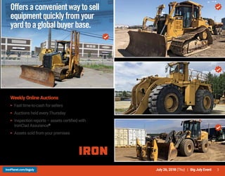 3July 26, 2018 (Thu) | Big July EventIronPlanet.com/bigjuly
John Deere 650J | Saskatchewan
Weekly Online Auctions
▸ 	Fast time-to-cash for sellers
▸ 	Auctions held every Thursday
▸ 	Inspection reports – assets certified with
IronClad Assurance®
▸ 	Assets sold from your premises
2009 Caterpillar D6T XW | Manitoba
Caterpillar 992D | Quebec
2009 John Deere 544K | Alberta
Offersaconvenientwaytosell
equipmentquicklyfromyour
yardtoaglobalbuyerbase.
 