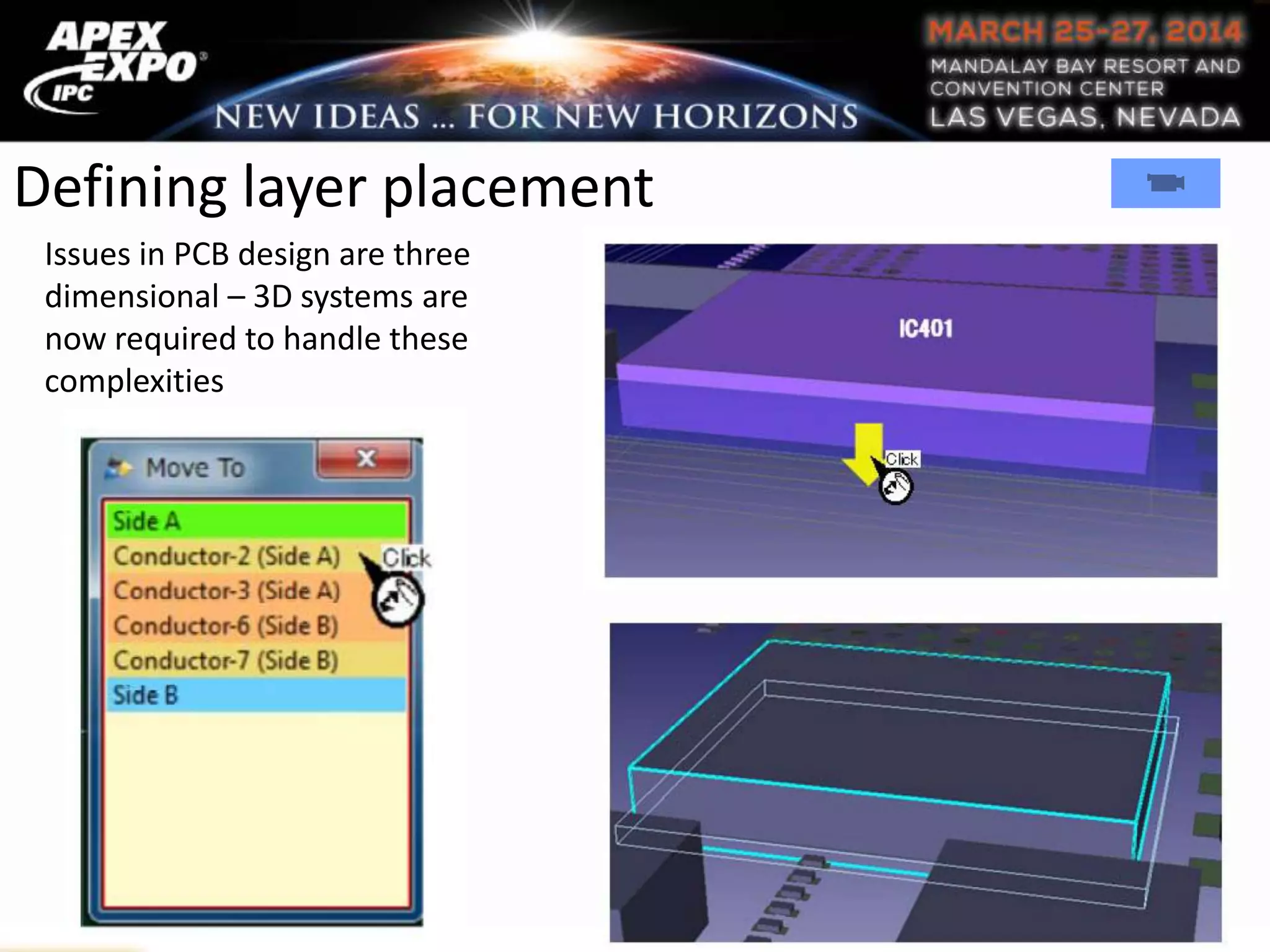 Defining layer placement
Issues in PCB design are three
dimensional – 3D systems are
now required to handle these
complexities
 