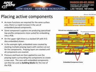Placing active components
 As more functions are required for the same surface
area, there is a rapid increase in the use of
embedded placed components.
 Some component suppliers are producing specialized
low-profile components more suited for embedding
into a PCB.
 On the upper right there is a stacked SiP with 4 IC-
dies embedded shown.
 In the example right, embedded cores created by
stacking multiple prepreg layers with cavities cut out
for the components. Prepreg layers are stacked until
all components are covered.
 Pressure and heat are then applied to cure the
prepreg layers surrounding the components to create
a new core. The core with embedded components
can then be used as building blocks for the rest of
the PCB.
Embedded Component Cores
PCB with two embedded cores [3]
(Picture: FhG-IZM Berli
 