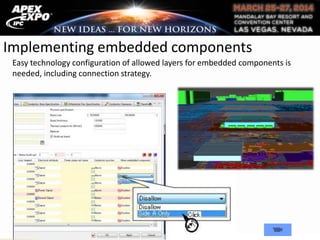 Implementing embedded components
Easy technology configuration of allowed layers for embedded components is
needed, including connection strategy.
 