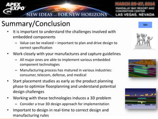 Summary/Conclusion
• It is important to understand the challenges involved with
embedded components
– Value can be realized – important to plan and drive design to
correct specification
• Work closely with your manufactures and capture guidelines
– All major ones are able to implement various embedded
component technologies
– Manufacturing process has matured in various industries:
consumer, telecom, defense, and medical
• Start placement studies as early as the product planning
phase to optimize floorplanning and understand potential
design challenges
• Working with these technologies induces a 3D problem
– Consider a true 3D design approach for implementation
• Important to design in real-time to correct design and
manufacturing rules
 